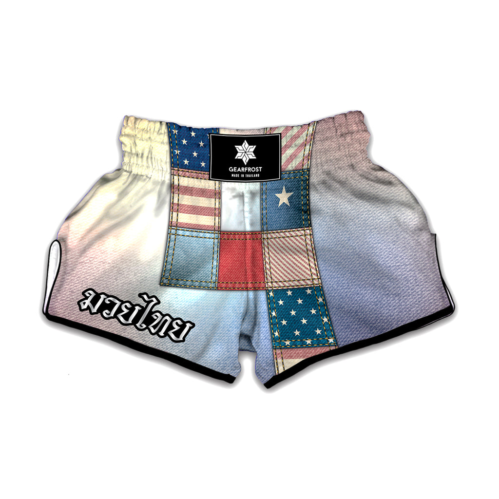 4th of July USA Denim Patchwork Print Muay Thai Boxing Shorts