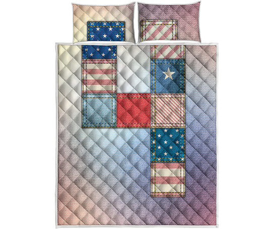 4th of July USA Denim Patchwork Print Quilt Bed Set