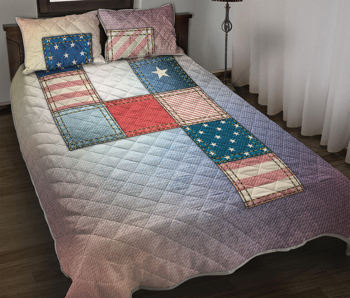 4th of July USA Denim Patchwork Print Quilt Bed Set