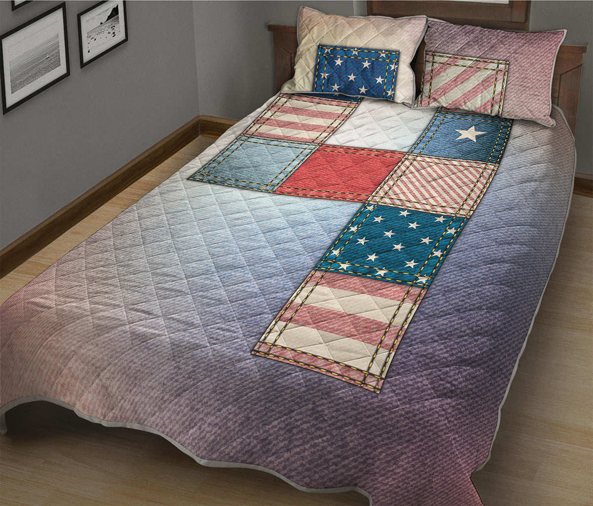 4th of July USA Denim Patchwork Print Quilt Bed Set