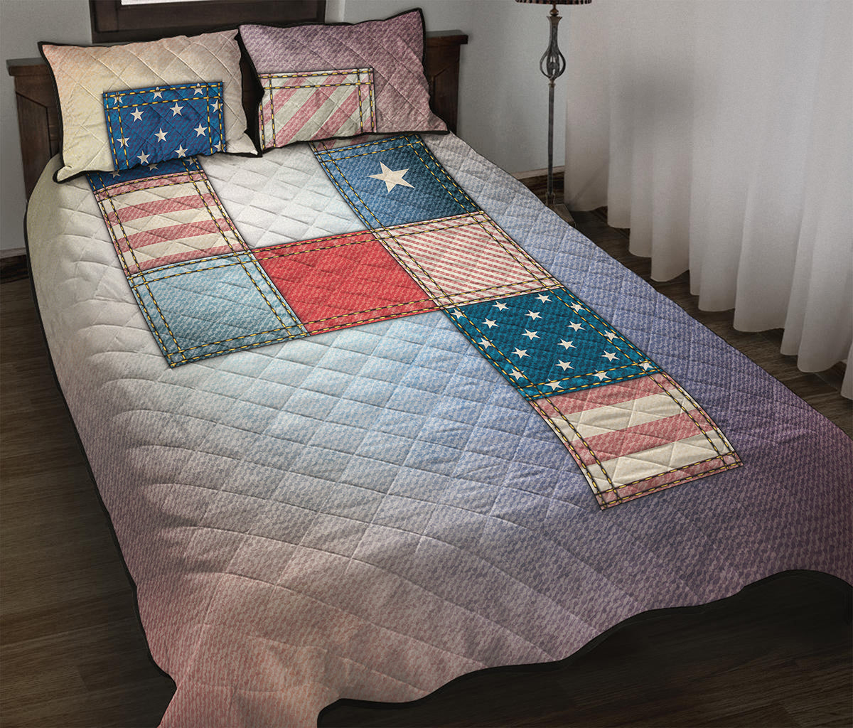 4th of July USA Denim Patchwork Print Quilt Bed Set