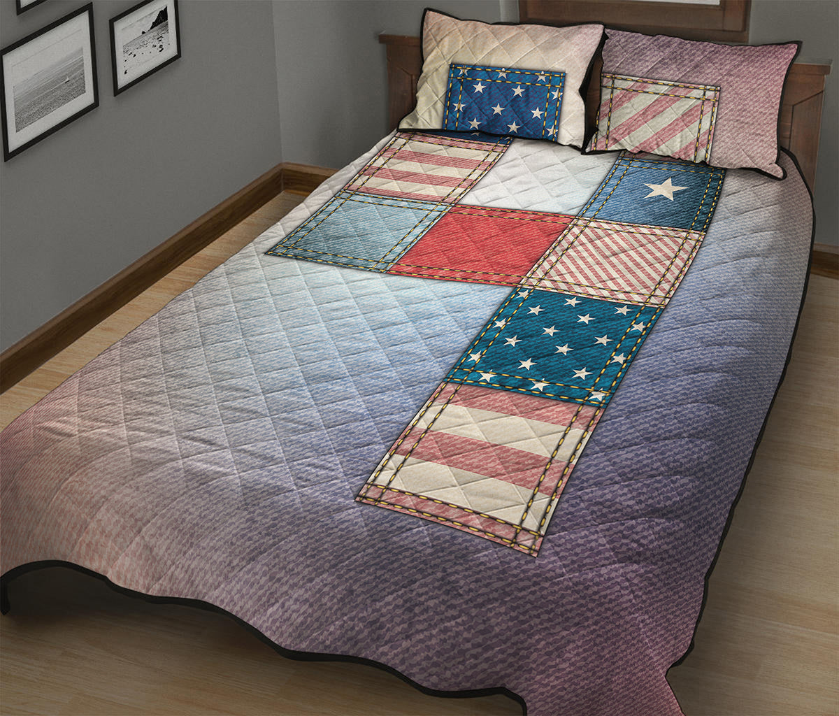 4th of July USA Denim Patchwork Print Quilt Bed Set