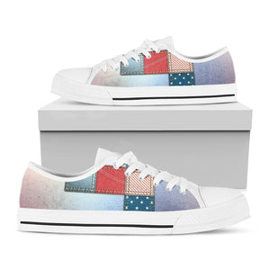 4th of July USA Denim Patchwork Print White Low Top Shoes