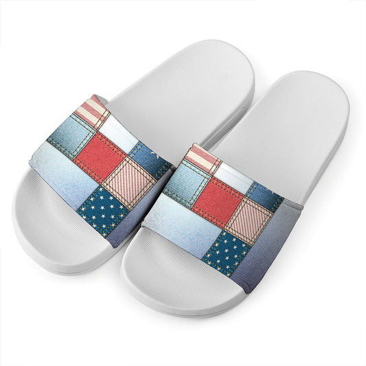 4th of July USA Denim Patchwork Print White Slide Sandals