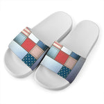 4th of July USA Denim Patchwork Print White Slide Sandals