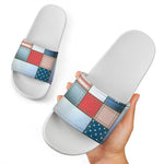 4th of July USA Denim Patchwork Print White Slide Sandals