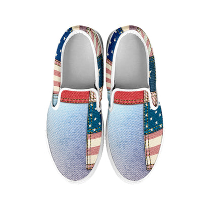 4th of July USA Denim Patchwork Print White Slip On Shoes