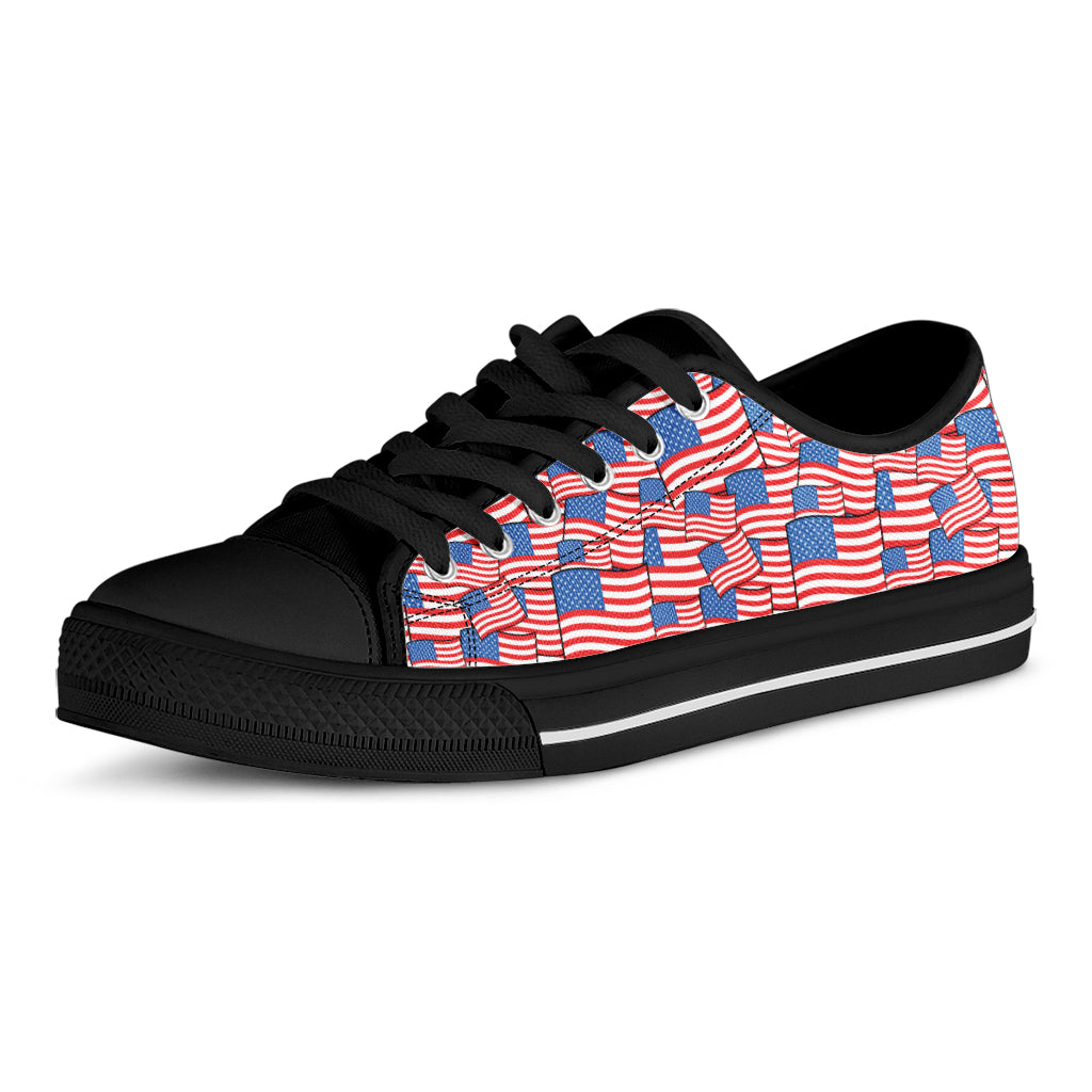 4th of July USA Flag Pattern Print Black Low Top Shoes