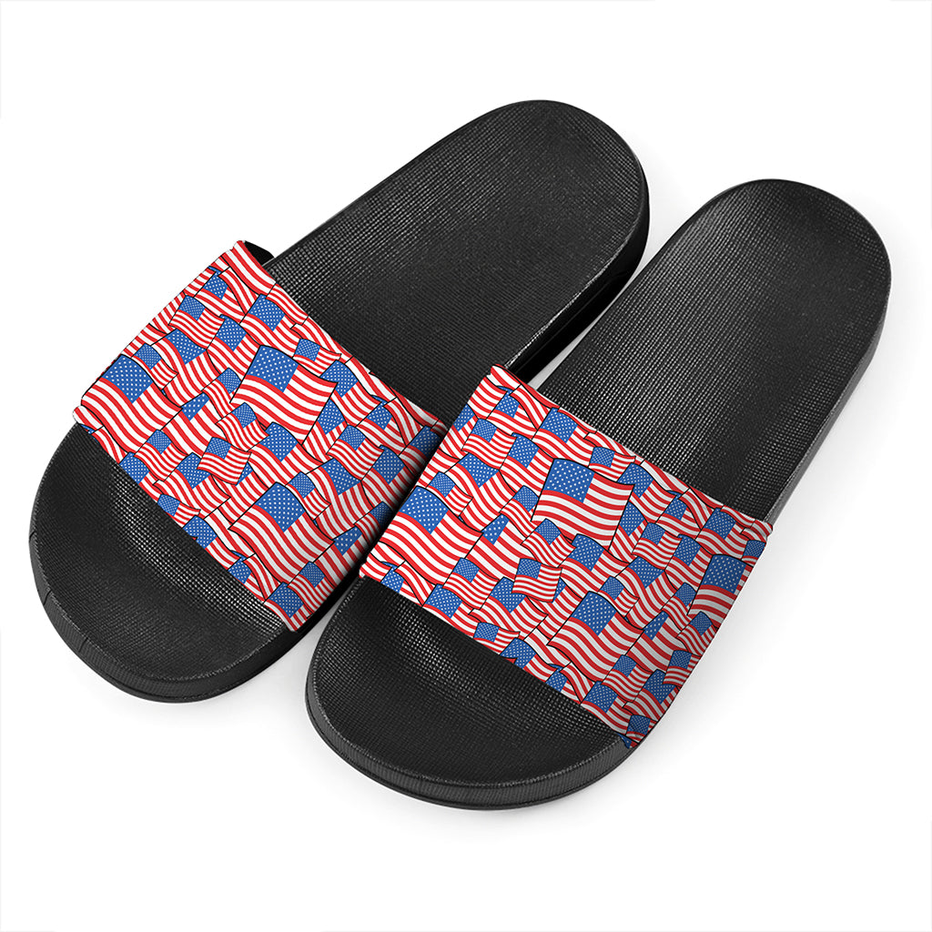4th of July USA Flag Pattern Print Black Slide Sandals