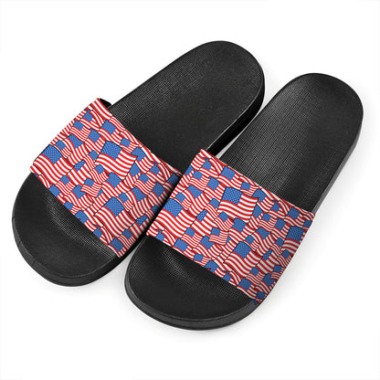 4th of July USA Flag Pattern Print Black Slide Sandals