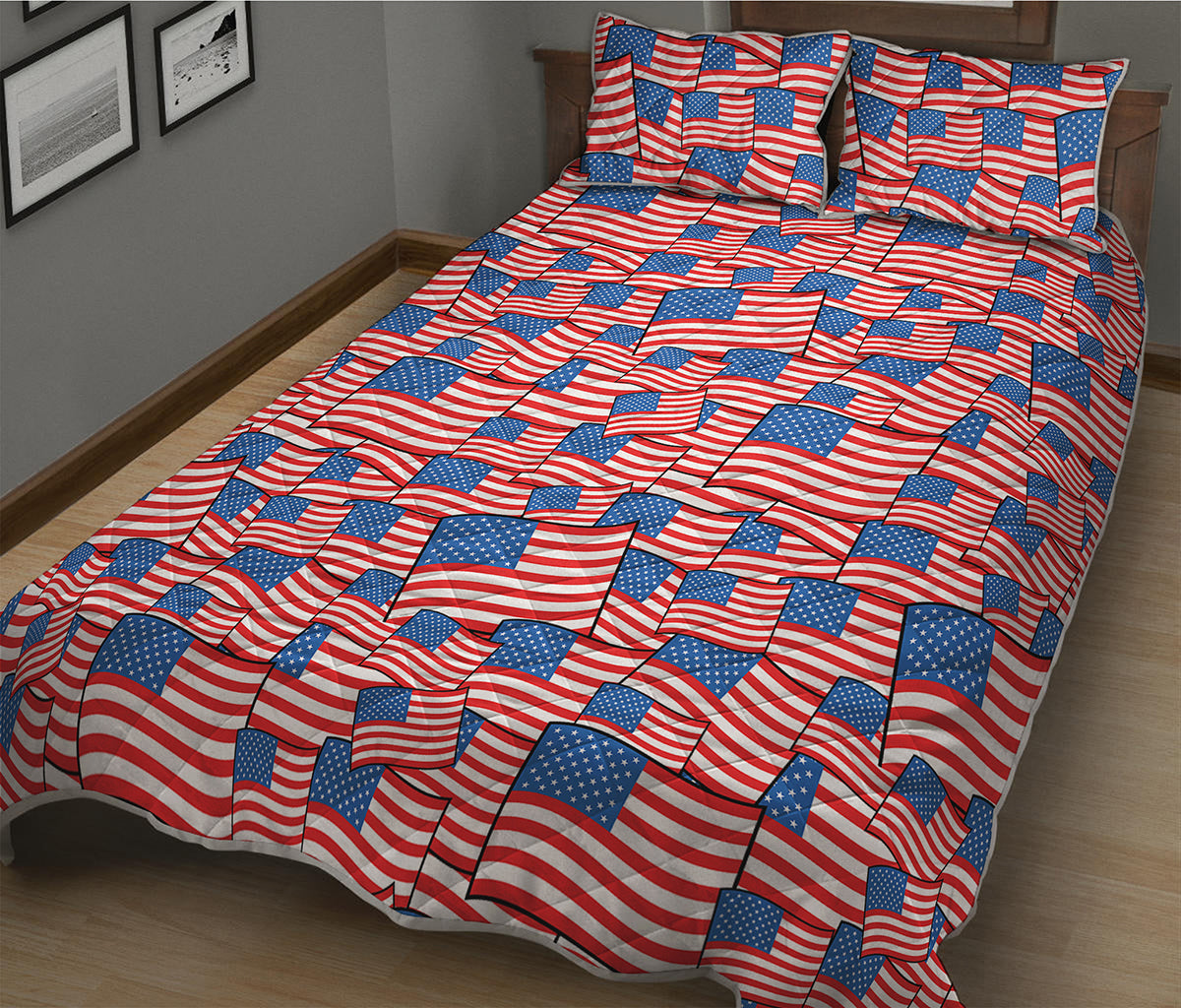 4th of July USA Flag Pattern Print Quilt Bed Set