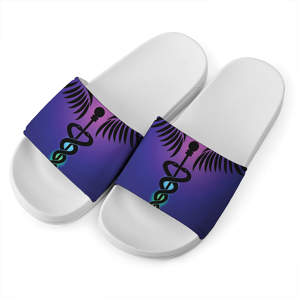 7 Chakras Caduceus Print White Slide Sandals
