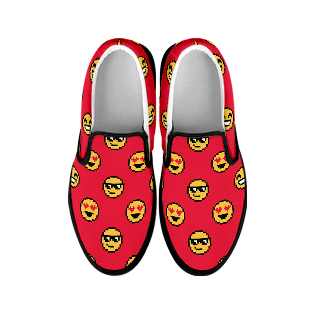 8-Bit Emoji Pattern Print Black Slip On Shoes