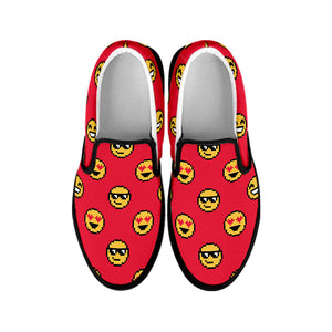 8-Bit Emoji Pattern Print Black Slip On Shoes