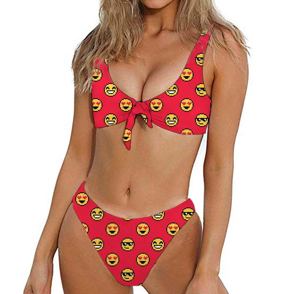 8-Bit Emoji Pattern Print Front Bow Tie Bikini