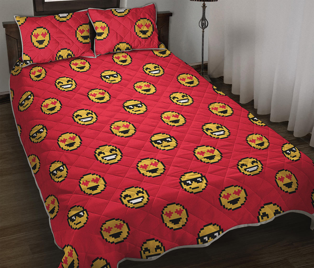 8-Bit Emoji Pattern Print Quilt Bed Set