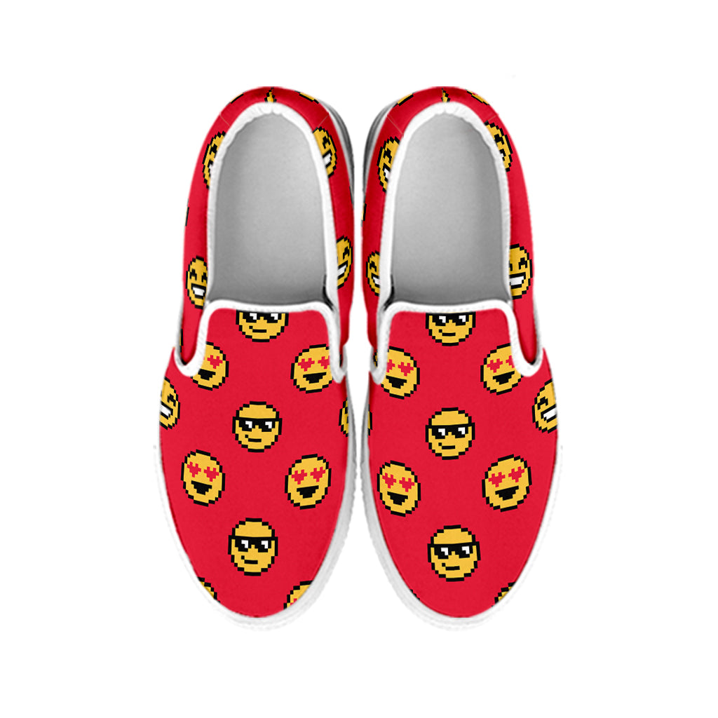 8-Bit Emoji Pattern Print White Slip On Shoes