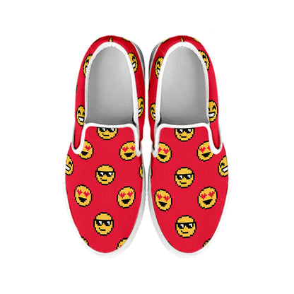 8-Bit Emoji Pattern Print White Slip On Shoes
