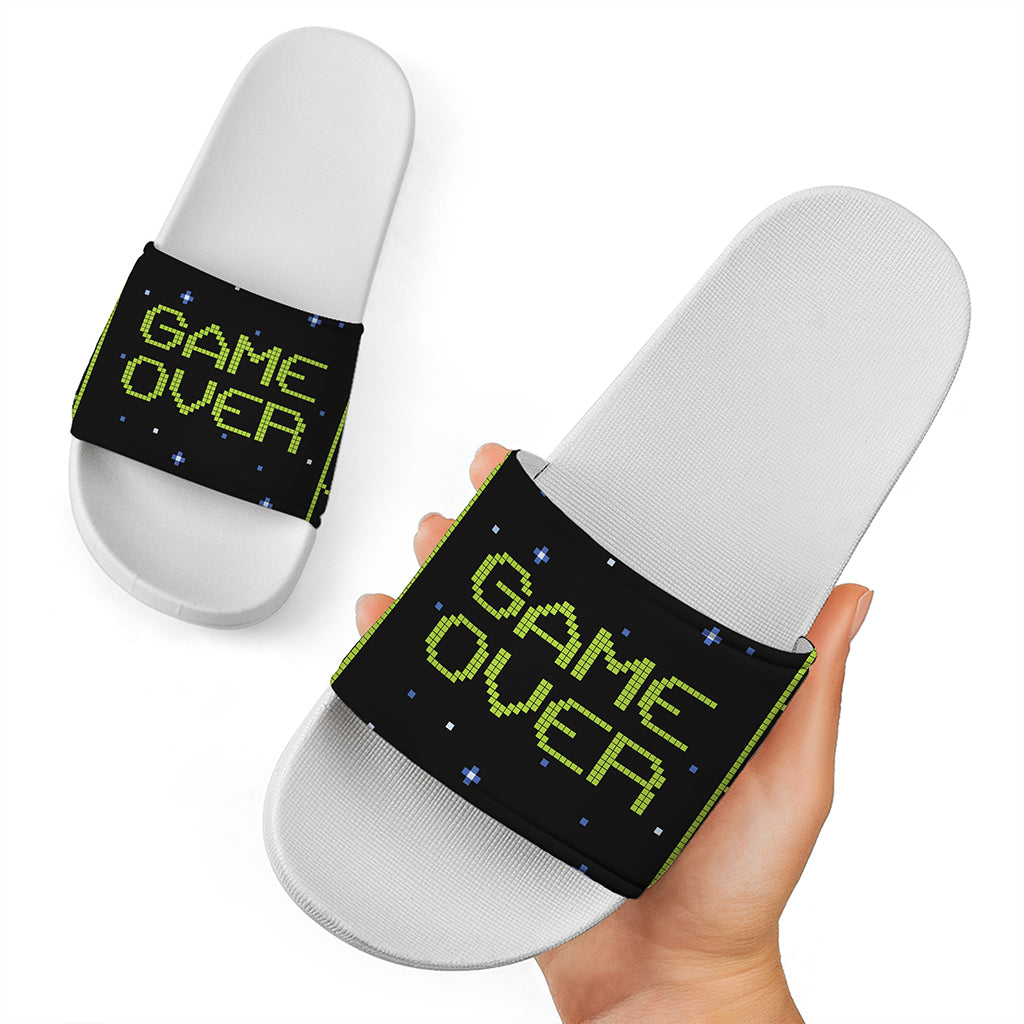 8-Bit Game Over Print White Slide Sandals