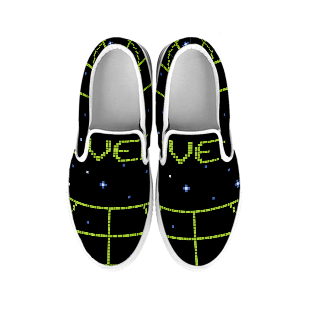 8-Bit Game Over Print White Slip On Shoes