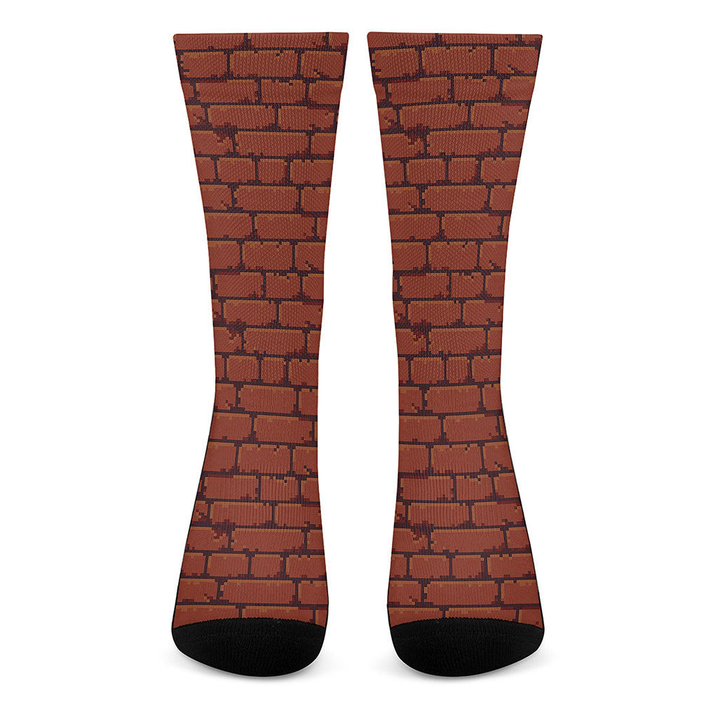 8-Bit Pixel Brick Wall Print Crew Socks