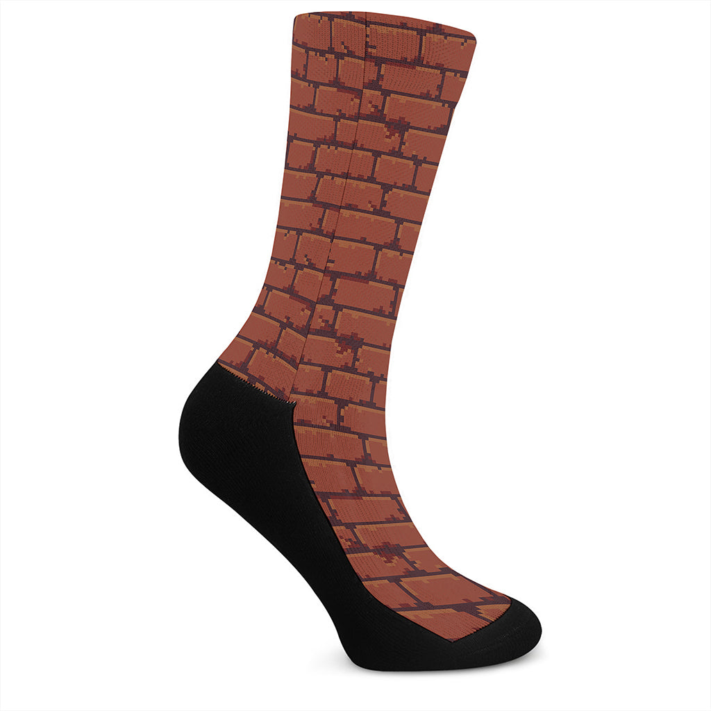 8-Bit Pixel Brick Wall Print Crew Socks