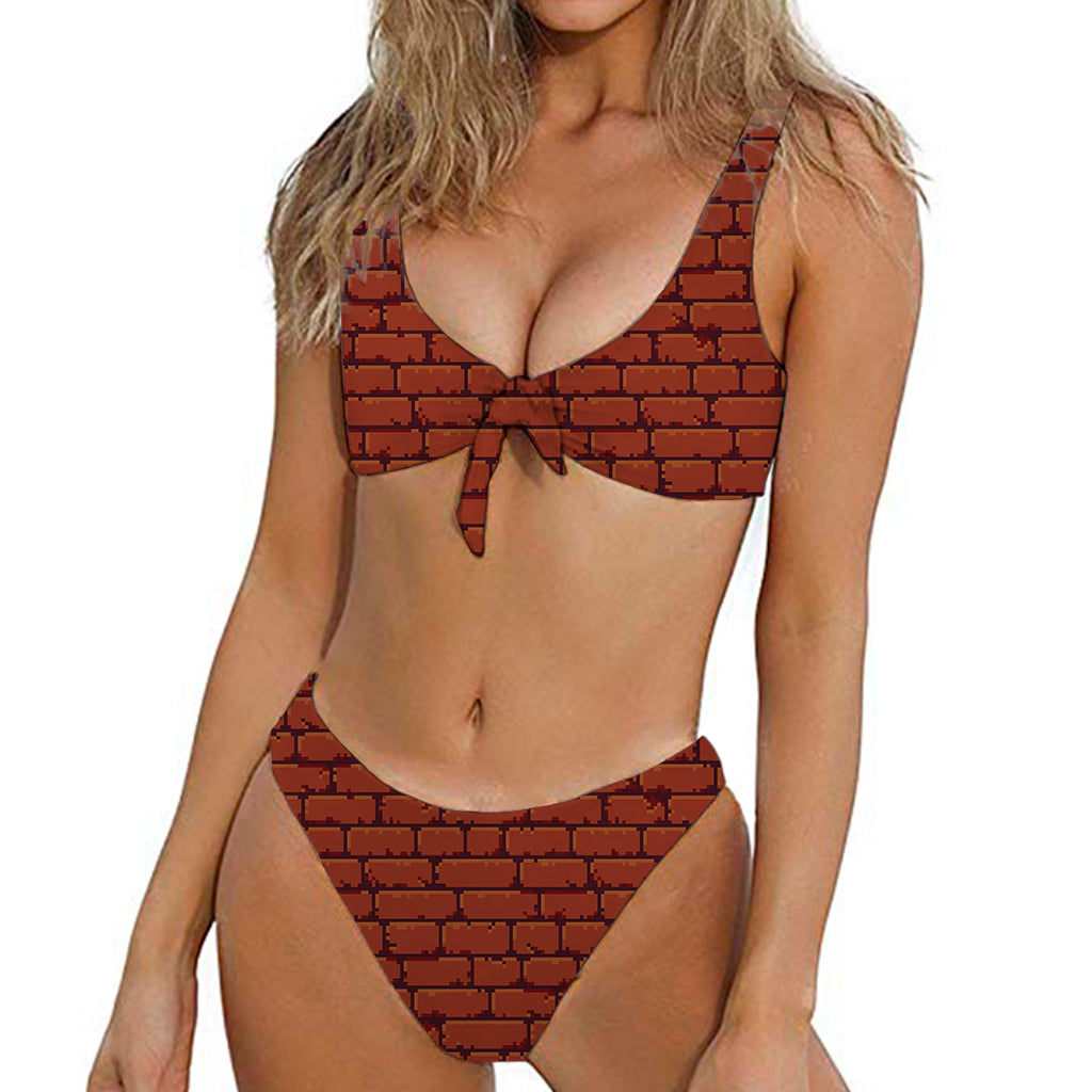 8-Bit Pixel Brick Wall Print Front Bow Tie Bikini