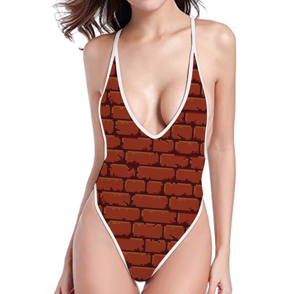 8-Bit Pixel Brick Wall Print One Piece High Cut Swimsuit