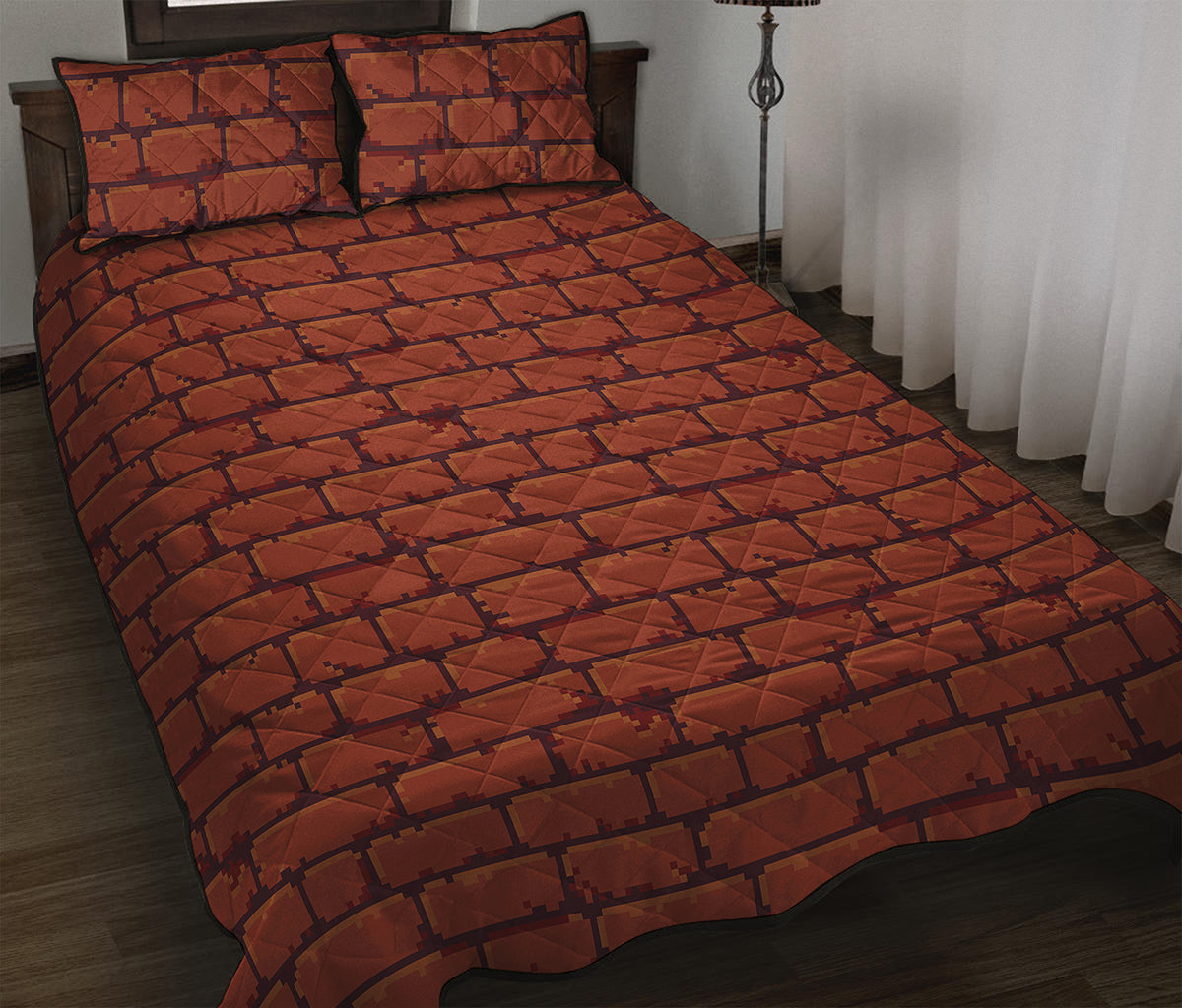 8-Bit Pixel Brick Wall Print Quilt Bed Set