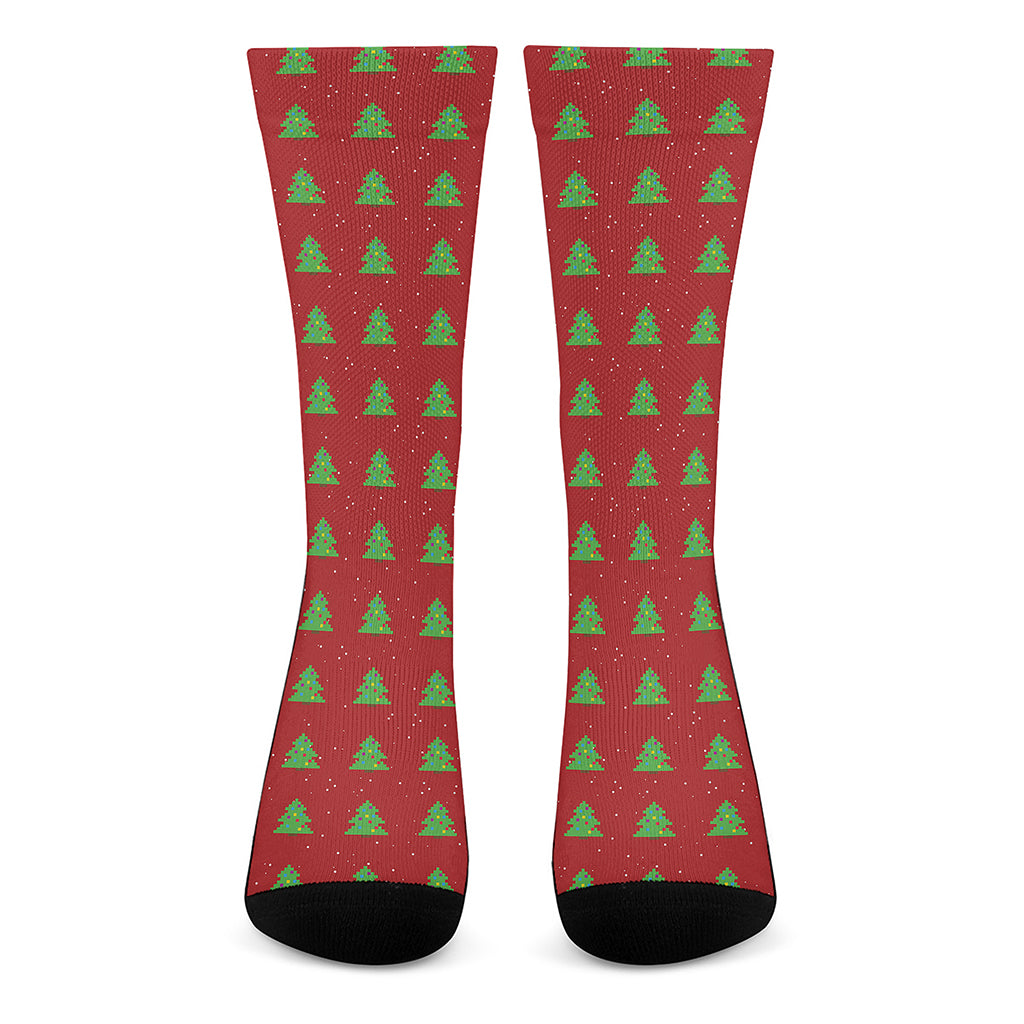 8-Bit Pixel Christmas Tree Pattern Print Crew Socks