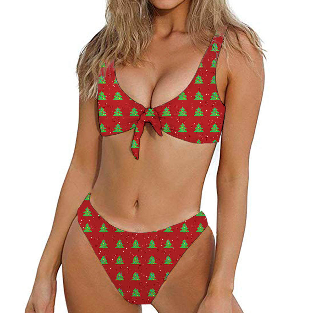 8-Bit Pixel Christmas Tree Pattern Print Front Bow Tie Bikini