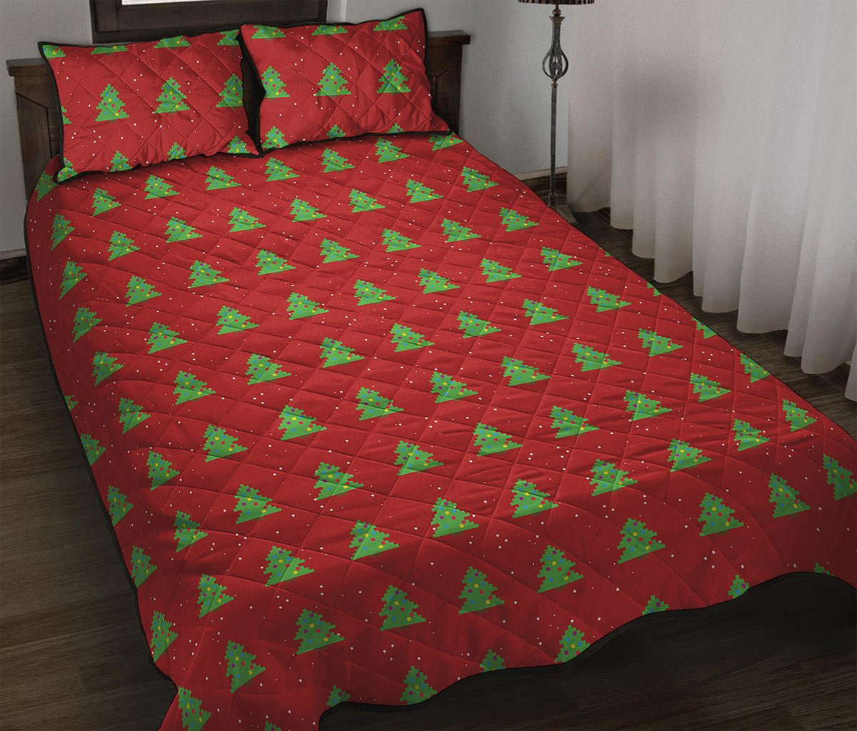 8-Bit Pixel Christmas Tree Pattern Print Quilt Bed Set