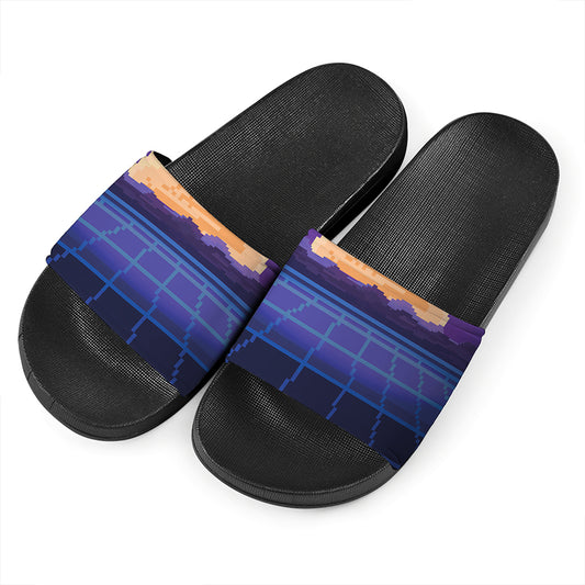 8-Bit Pixel Digital Landscape Print Black Slide Sandals