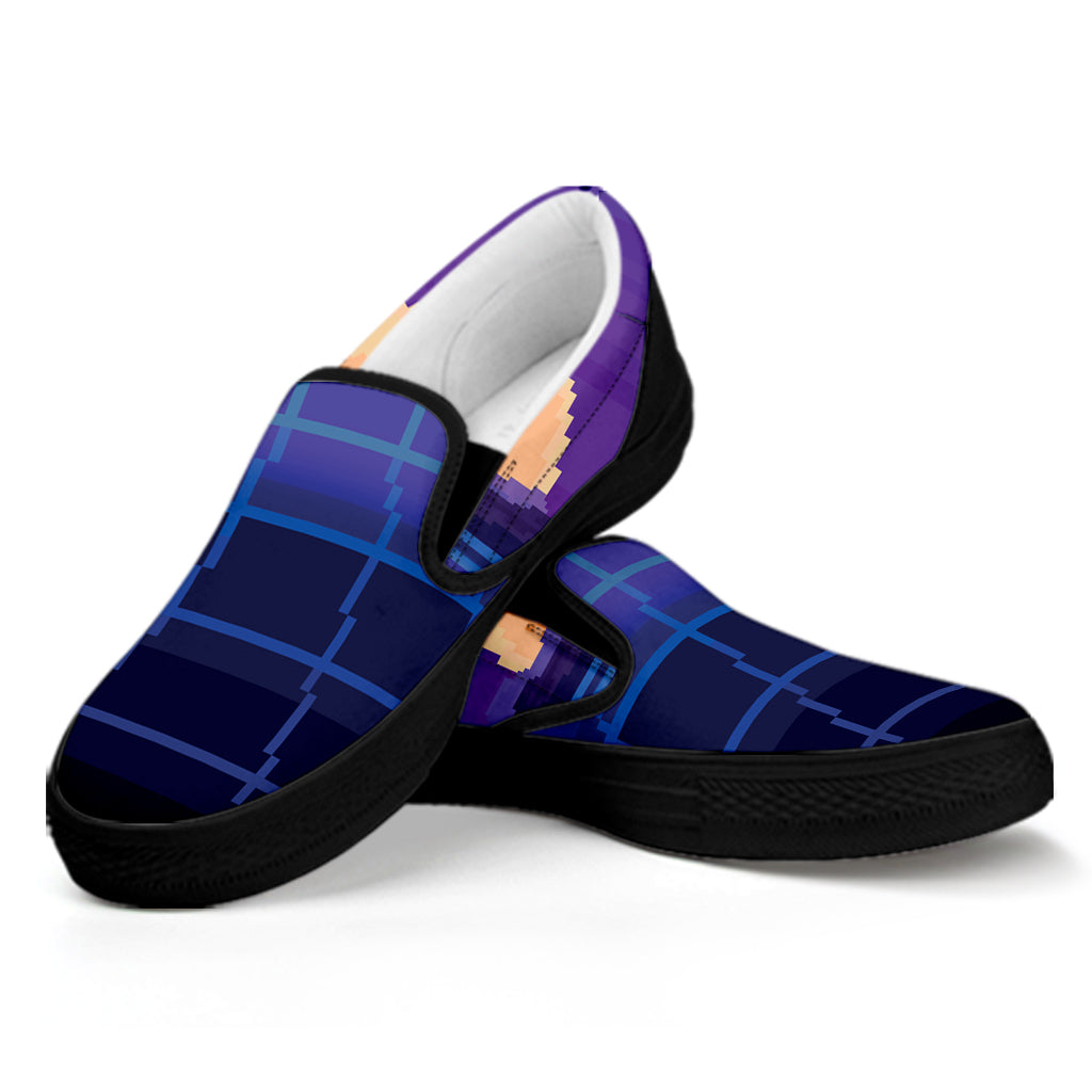 8-Bit Pixel Digital Landscape Print Black Slip On Shoes