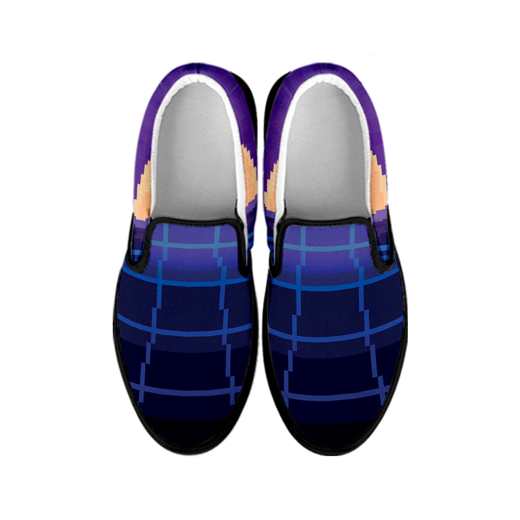 8-Bit Pixel Digital Landscape Print Black Slip On Shoes