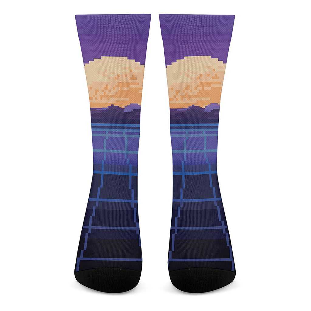 8-Bit Pixel Digital Landscape Print Crew Socks