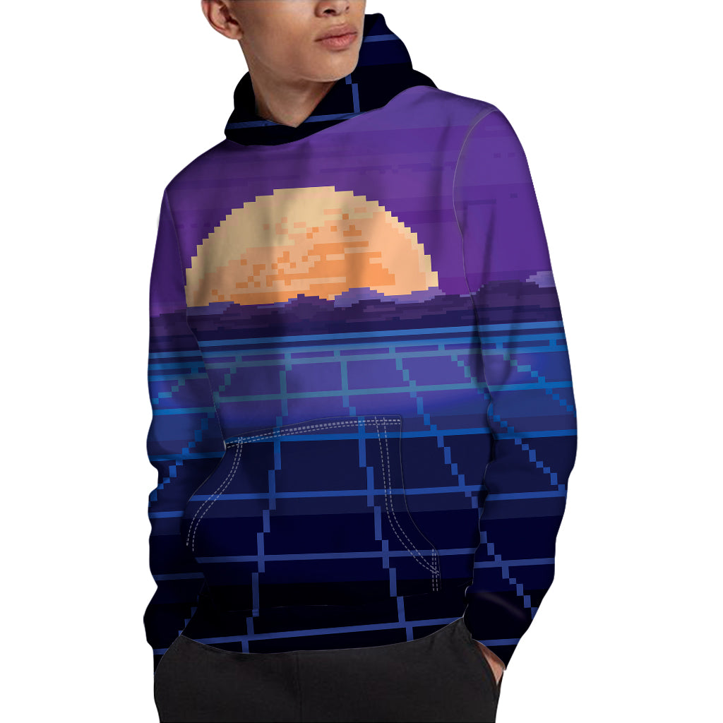 8-Bit Pixel Digital Landscape Print Pullover Hoodie