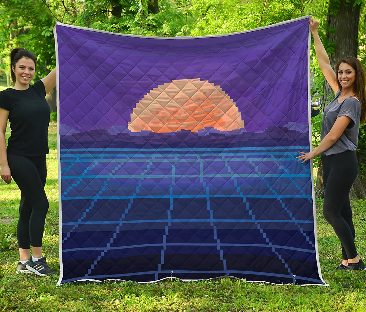 8-Bit Pixel Digital Landscape Print Quilt