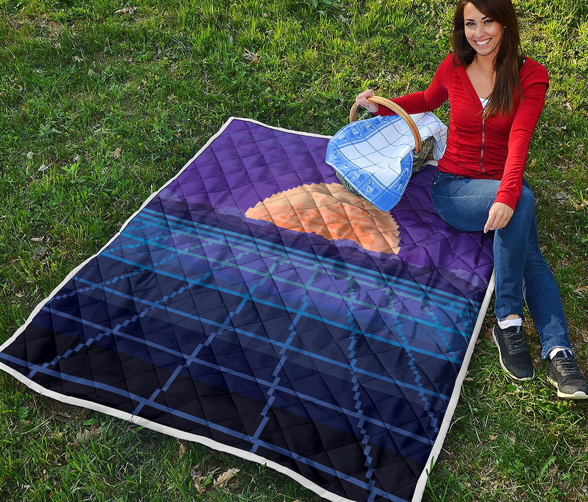 8-Bit Pixel Digital Landscape Print Quilt