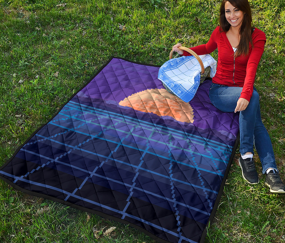 8-Bit Pixel Digital Landscape Print Quilt
