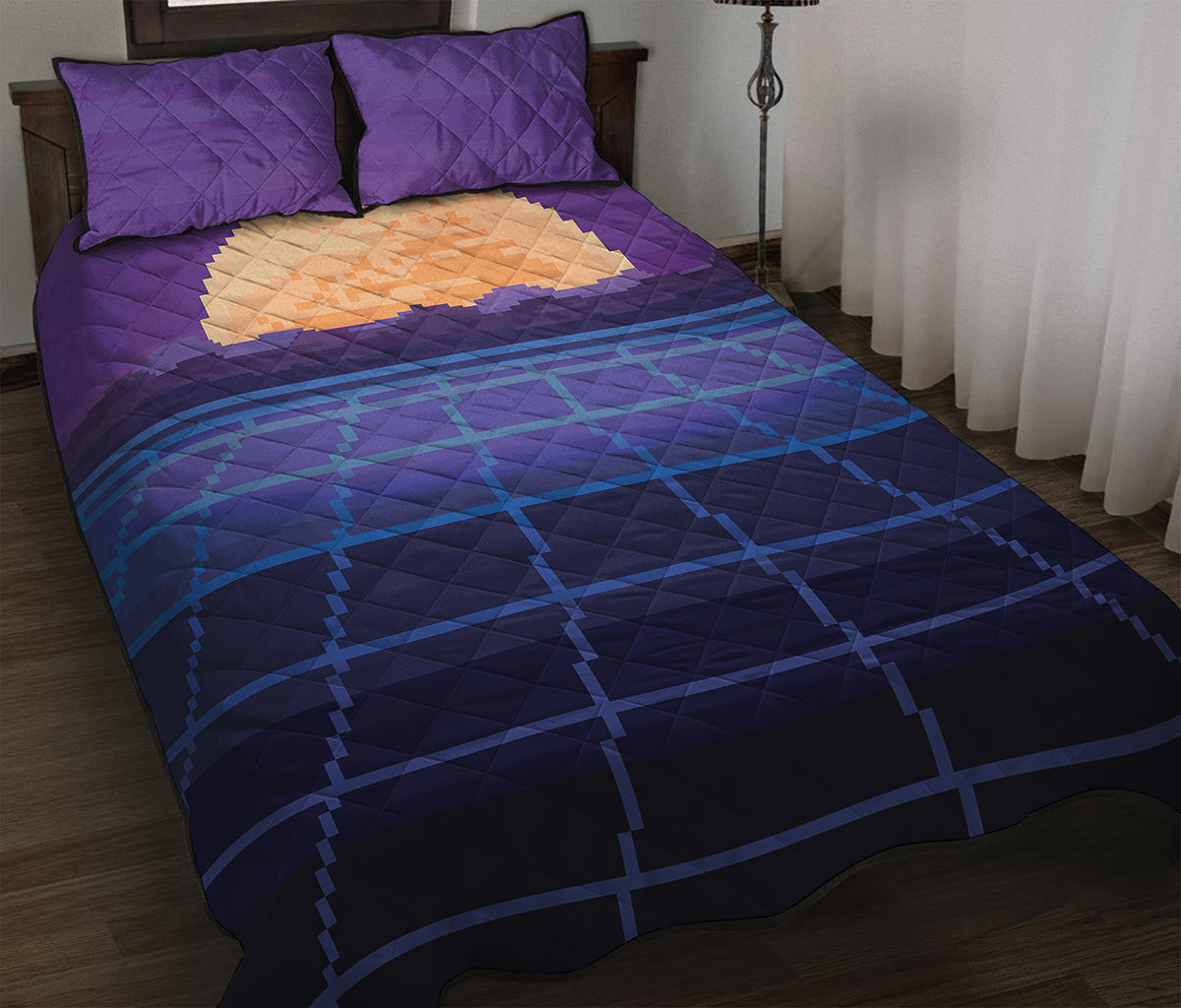 8-Bit Pixel Digital Landscape Print Quilt Bed Set