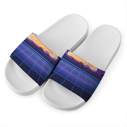 8-Bit Pixel Digital Landscape Print White Slide Sandals