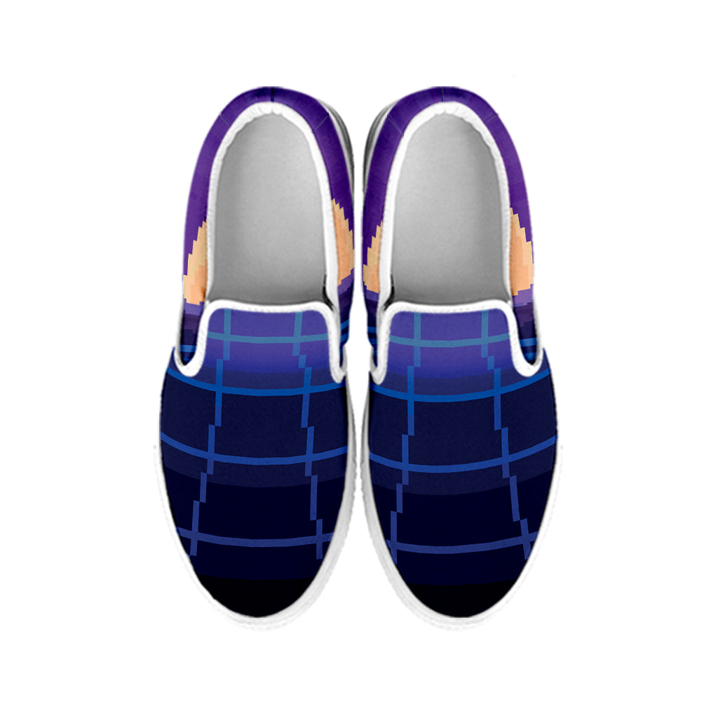 8-Bit Pixel Digital Landscape Print White Slip On Shoes