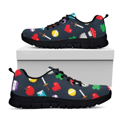 8-Bit Pixel Game Items Print Black Sneakers