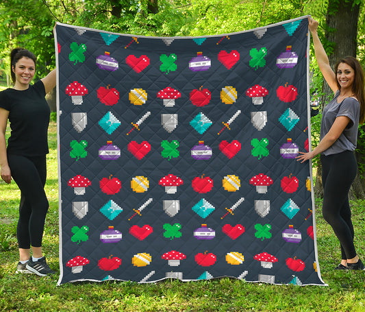 8-Bit Pixel Game Items Print Quilt