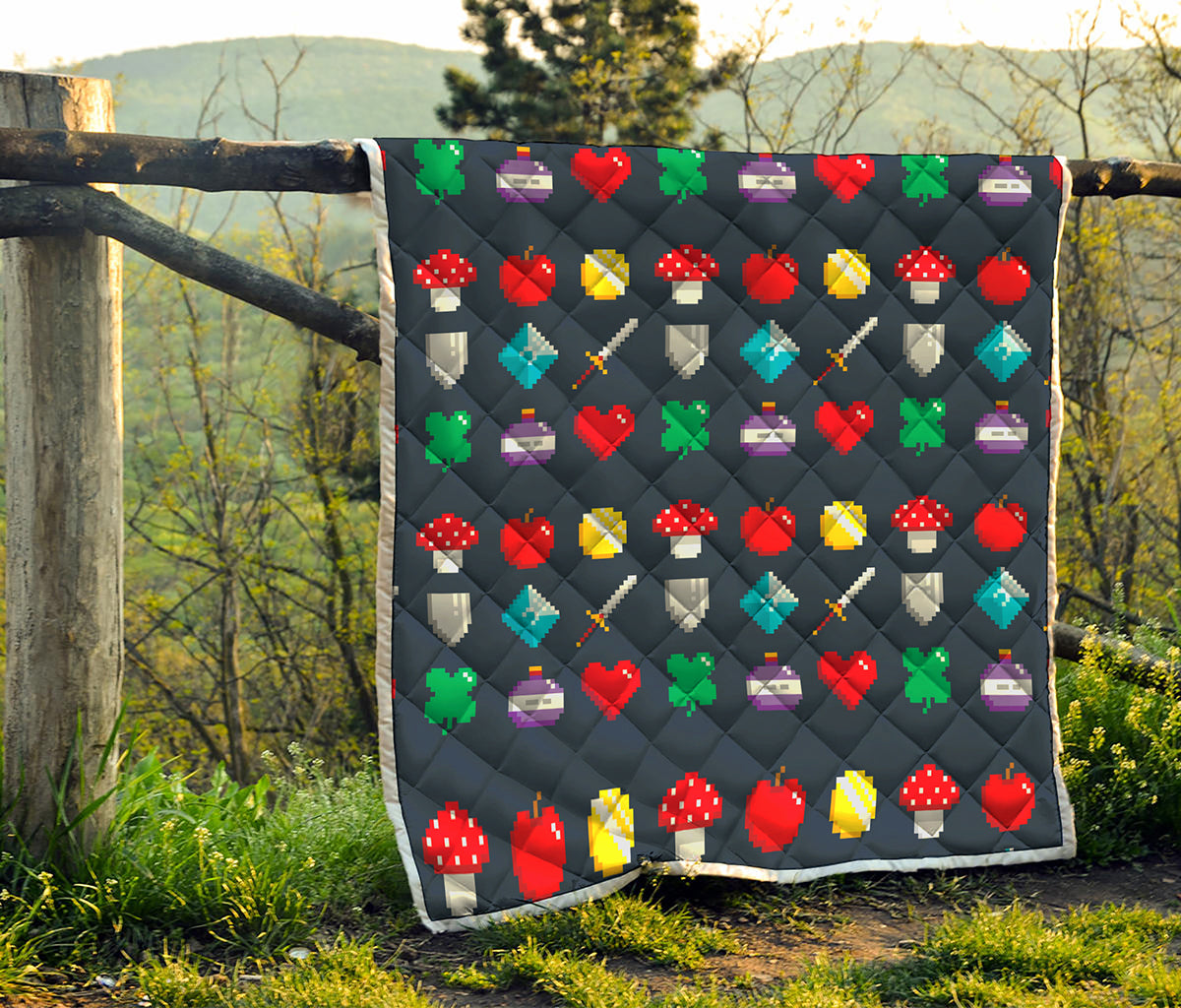 8-Bit Pixel Game Items Print Quilt