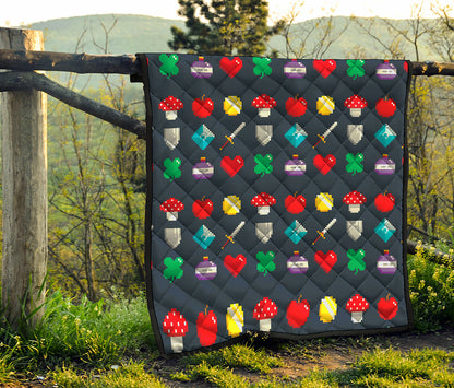 8-Bit Pixel Game Items Print Quilt