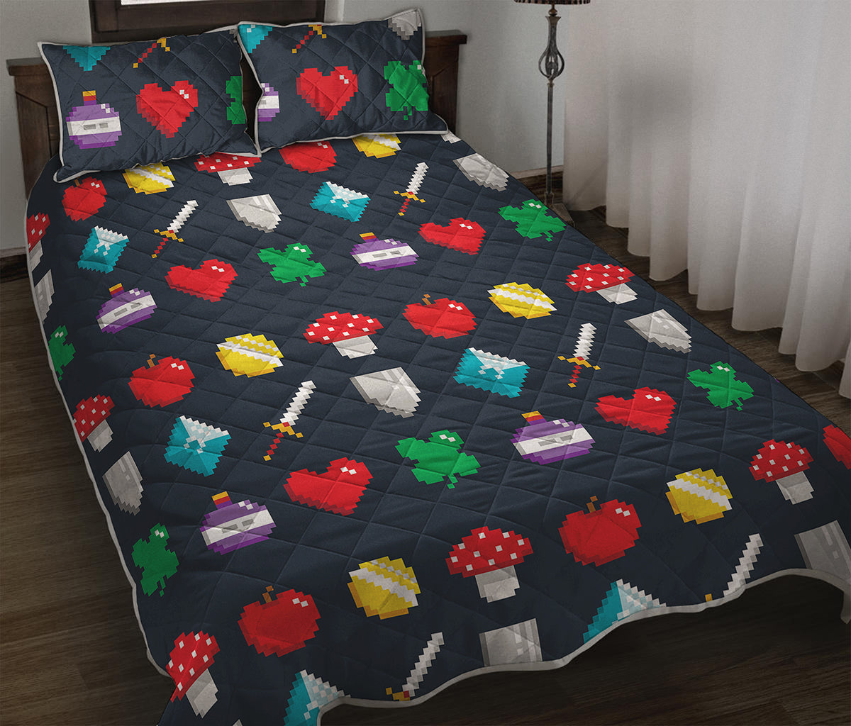 8-Bit Pixel Game Items Print Quilt Bed Set