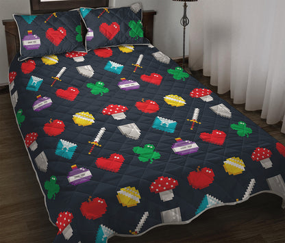 8-Bit Pixel Game Items Print Quilt Bed Set