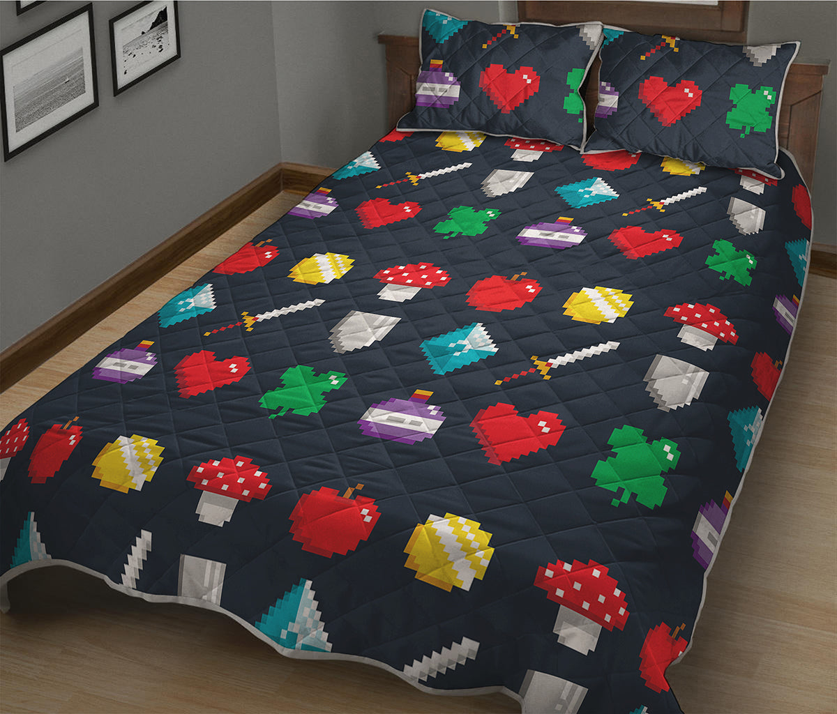 8-Bit Pixel Game Items Print Quilt Bed Set